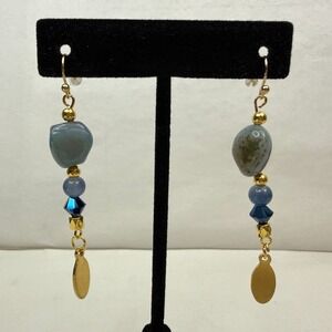 18K Gold Plated Hook Blue Moss Agate Stone Swarovski Crystal Earrings Jewelry